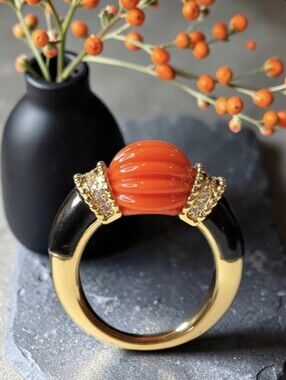 French Designer Vibes 18k Gold Plated Onyx Enamel Coral Melonball Cabochon Ring